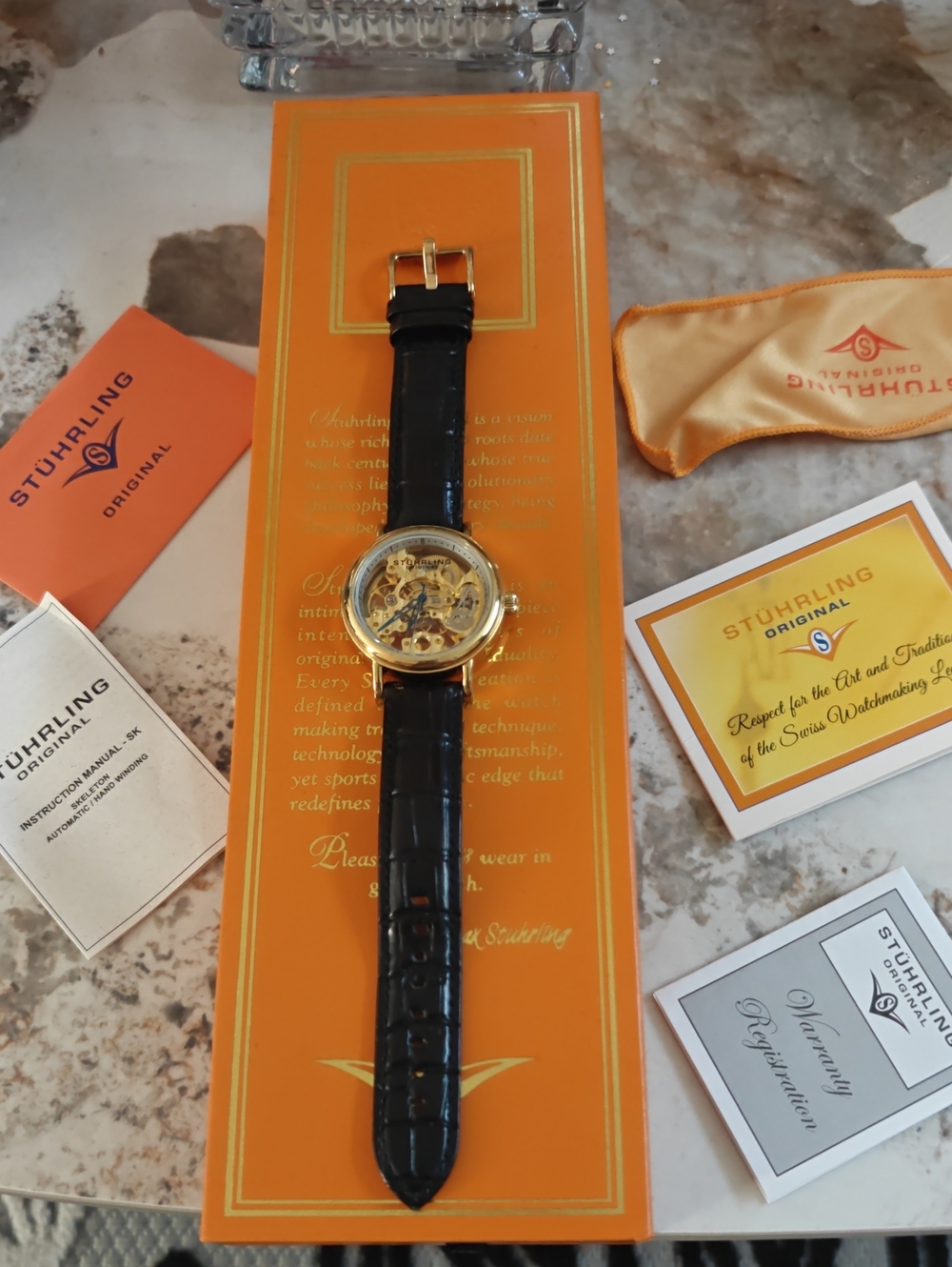 Unisex Watches ⌚.Stuhrling Original Gold Skeleton Watch with Black Leather Strap